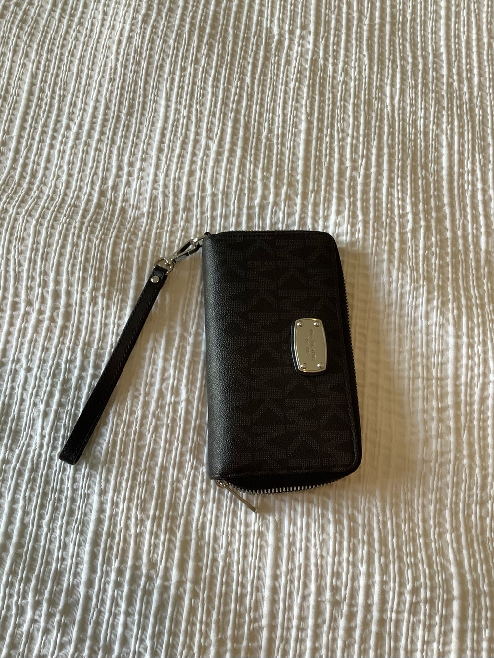 Michael Kors Black MK Logo Zip Wallet with Silver Plaque